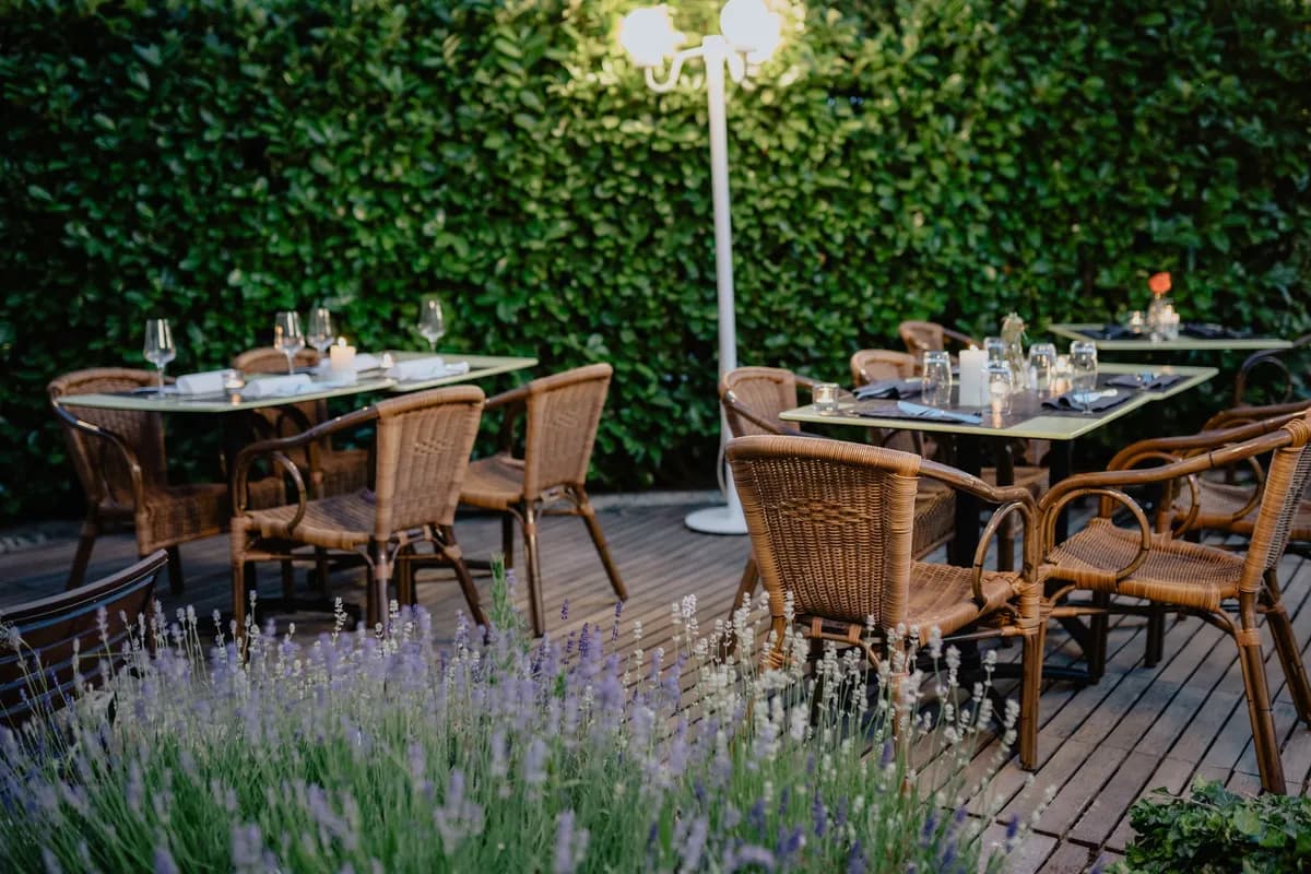 BookNoFees exempelbild: Dukade bord och korgstolar på en terrass bredvid lavendel