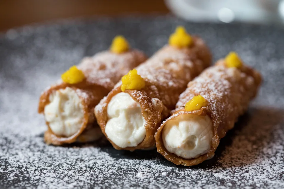BookNoFees: Exempelbild: Cannoli med krämig fyllning och ett lager florsocker